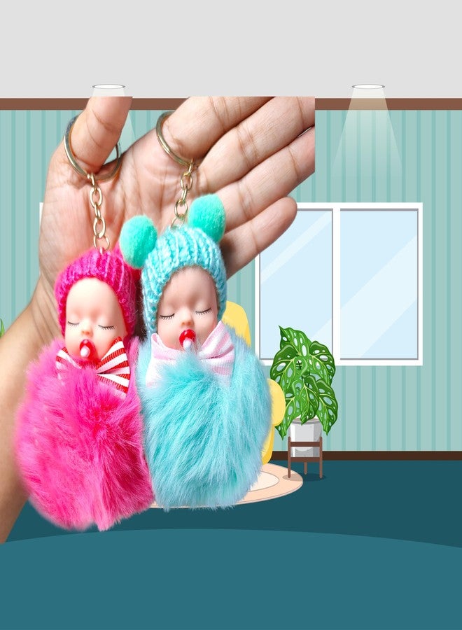 ZAFCO Mini Plush Pom Pom Doll Keychain - Cute Sleeping Baby Key Ring for Girls || Fluffy Bag Charm for Women, Girls, Backpack & Purse Accessories Multicolor Random- 2 Pieces (Mini Doll Keychain 3) - Image 3